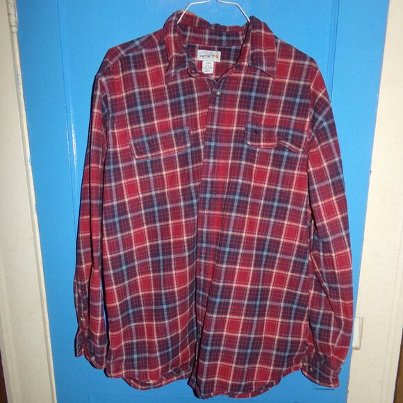 Carhartt Mens 2XL Tall Heavyweight Flannel Shirt Long Sleeve Pockets - Red Plaid - Picture 1 of 11